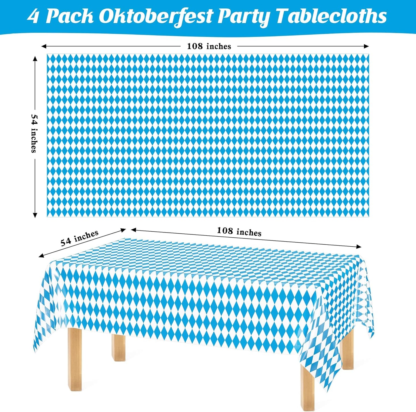 4 PCS Oktoberfest Decoration, 54 X 108 IN Blue White Checkered Plastic Oktoberfest Tablecloth, Disposable Rectangular German Theme Table Supplies, Bavarian Tablecover, Beer Tablecloth for Party Picnic