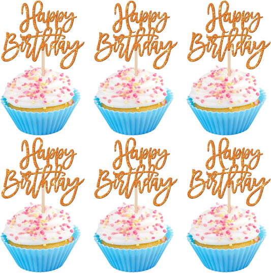 24 PCS Glitter Cupcake Toppers - Happy Birthday & Anniversary Picks - Orange