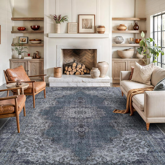 Bloom Rugs Washable Non-Slip 9' x 12' Rug - Dark Teal Traditional Medallion Area Rug for Living Room, Bedroom, Dining Room, and Kitchen - Exact Size: 9' x 12'