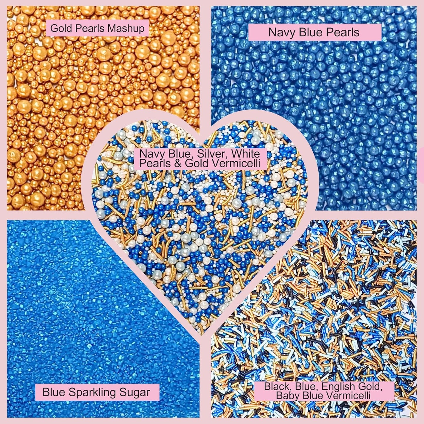 Confect Edible Sprinkles – Marine Royalty Theme – Assorted Pack with Navy Blue & Champagne Gold Dragees, Gold Jimmies & Bright Blue Sparkling Sugar – Sprinkles for Cake Decorating- Vegan, Gluten-Free, Nut-Free, Soy-Free, Dairy-Free, Palm Oil-Free-5 Oz