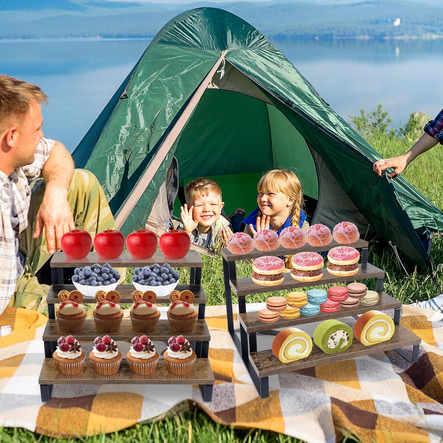 Wooden Cupcake Stand, 4 Tier Rustic Cupcakes Stands, Stepped Cupcake Ladder, Wood Display Stand Riser Shelf for Desserts, Perfume, Spice, POP Firgures and Collections