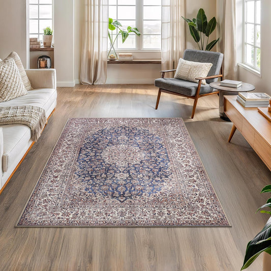 Bloom Rugs Washable Non-Slip 4' x 6' Rug - Dark Blue/Beige Traditional Medallion Area Rug for Living Room, Bedroom, Dining Room, and Kitchen - Exact Size: 4' x 6'