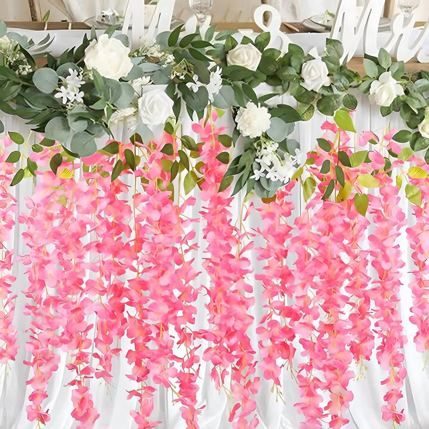 12 Pack Dark Pink Wisteria Hanging Flowers Garland, 3.77 Feet Artificial Flower Vines, Fake Wisteria, Artificial Vines Hanging Garland for Backdrop Outdoor Yard Garden Decor