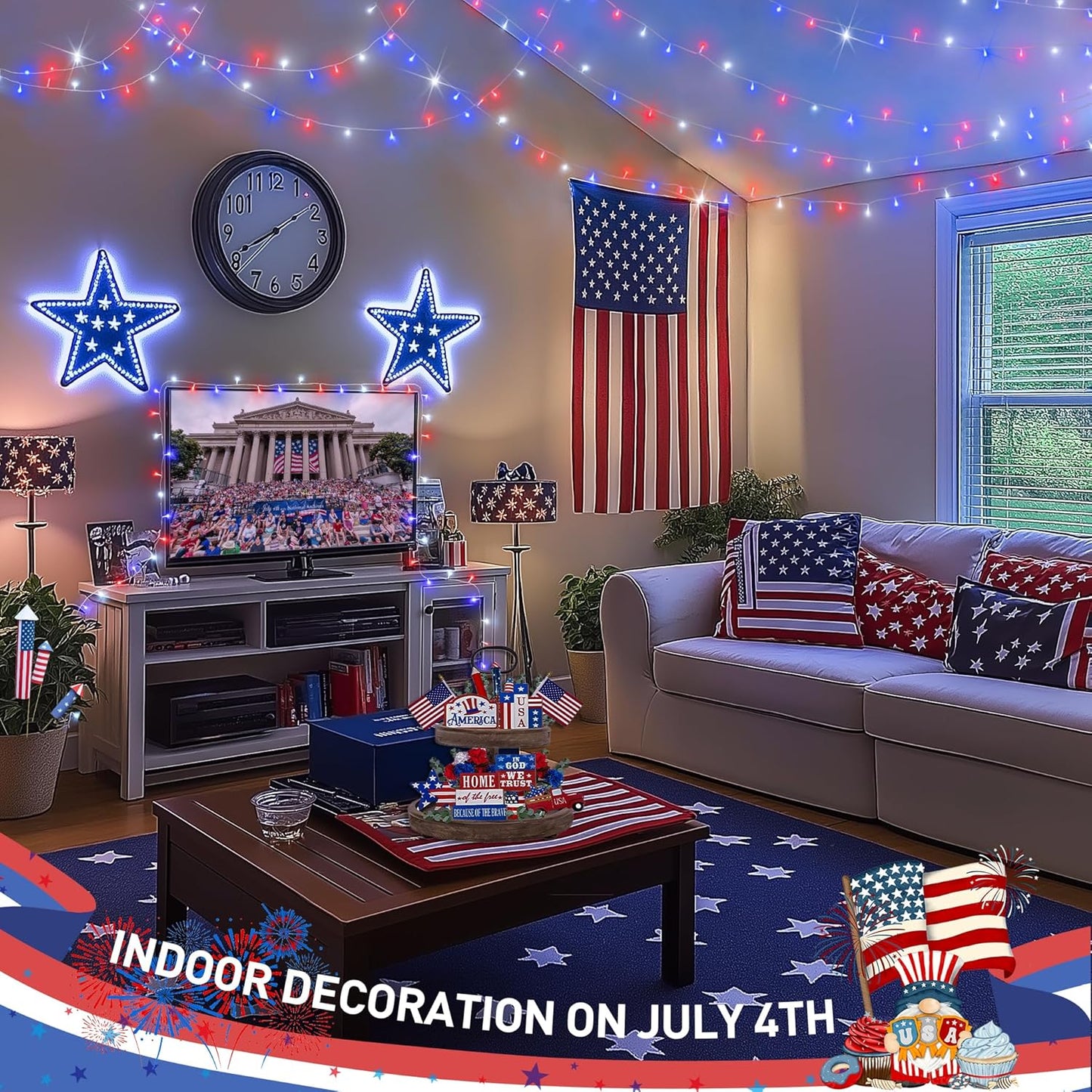 JMEXSUSS 600 LED Red White and Blue Lights Outdoor Plug in, 4th of July Decorations Outdoor Lights for Memorial Day Patriotic American Holiday Tree Party Independence 4th of July Decor