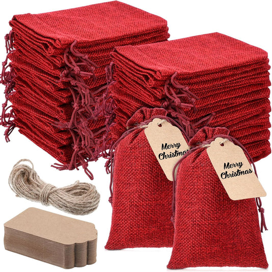 Woanger 100 Pcs Burlap Gift Bags with 100 Pcs Kraft Paper Gift Tags with Drawstring Favor Bulk Burlap Sack Bags for DIY Wedding Party Craft(4 x 6 Inch,Red)
