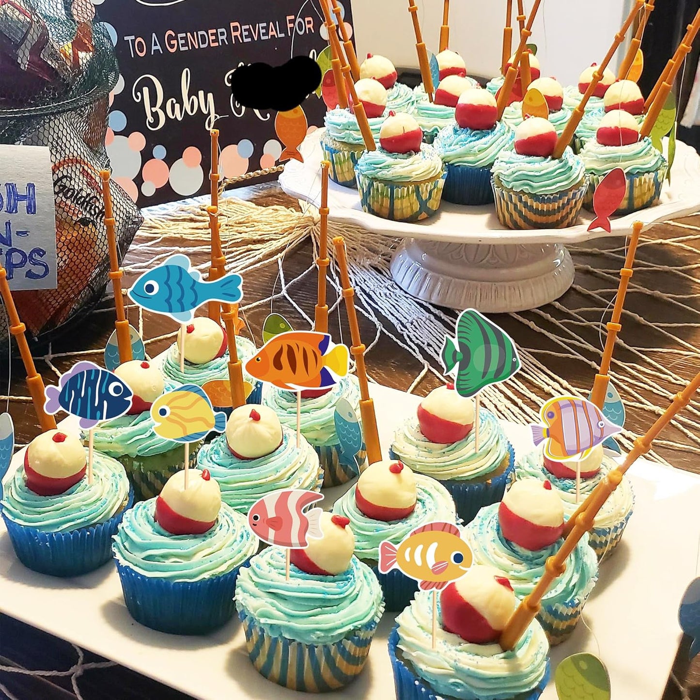 24pcs Fish Cupcake Toppers Go Fishing Theme Decorations Baby Shower Boys Girls Happy Birthday Party Tropical Party Cake Picks Under The Sea Decoration Supplies