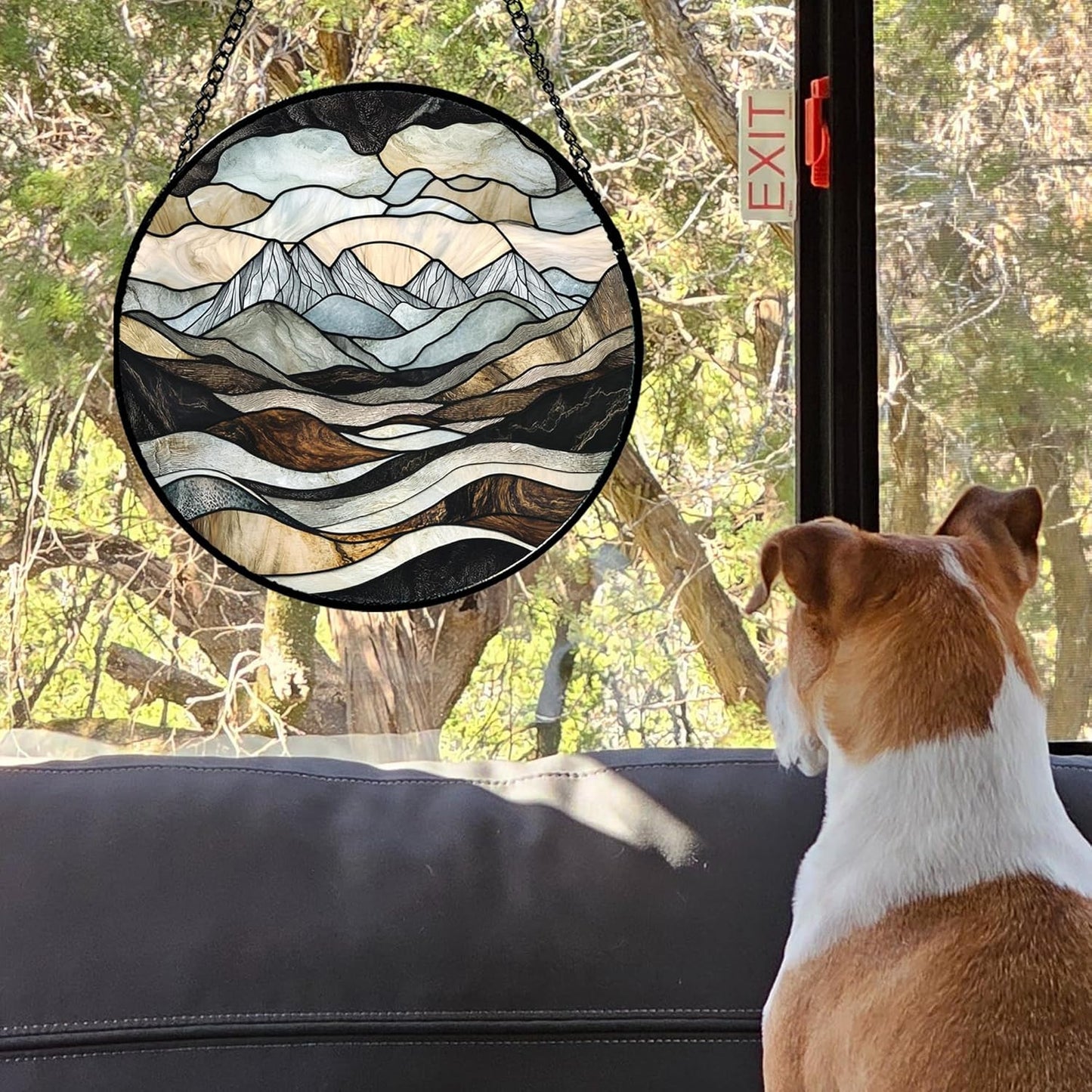 Stained Glass Window Hanging - Grey Mountains Landscape Suncatcher for Doors Garden Patio Retro Sun Catchers Decor Christmas Mother's Day Birthday Gifts for Women Men Mom Nana Friend 15 in