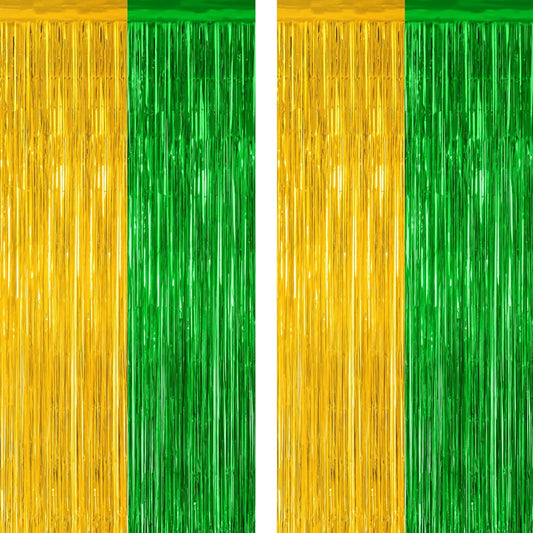 2 Pack Graduation Backdrop, Large Grad Decor 2025, Green Gold Graduation Photo Backdrop Fringe Curtains Party Streamer, Metallic Green and Gold Grad Decorations Class of 2025