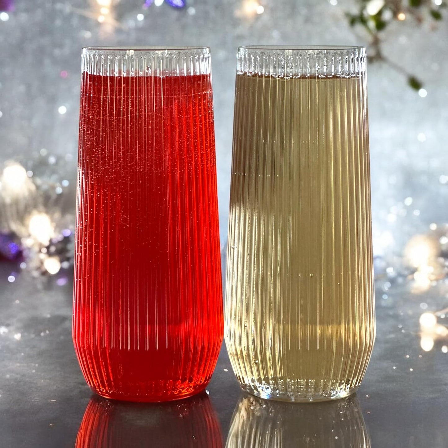 48 Pack Ribbed Origami Ripple Plastic Glasses, 24 9 Ounce Stemless Champagne Flutes & 24 12 Ounce Cups, BPA-Free Disposable Shatterproof Toasting Glasses for Weddings, Bars, and Events (Clear)