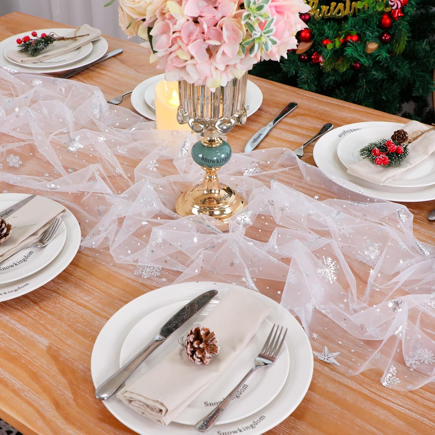 Snowkingdom Christmas Snowflake Cheesecloth Table Runner Silver 120 Inch Sheer Chiffon Gauze Runner, Winter Decorations Sparkly Sequin Metallic Party dining Table for Christmas Winter Holiday New Year