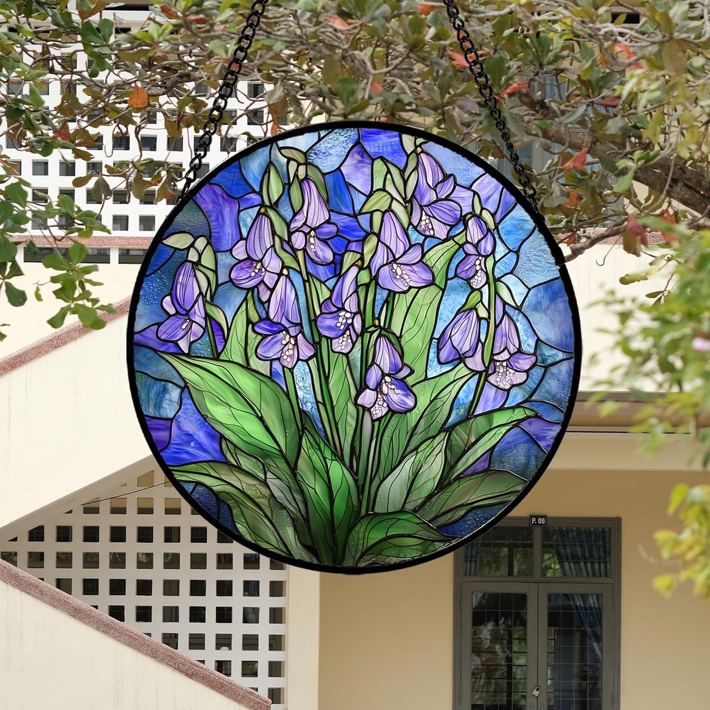 Stained Glass Suncatcher, Blue Purple Flowers Green Leaves Sun Catcher Plants Stain Glass Window Hanging Decoration Mother's Day Birthday Gifts for Women Men Mom and Nana 7.8 in