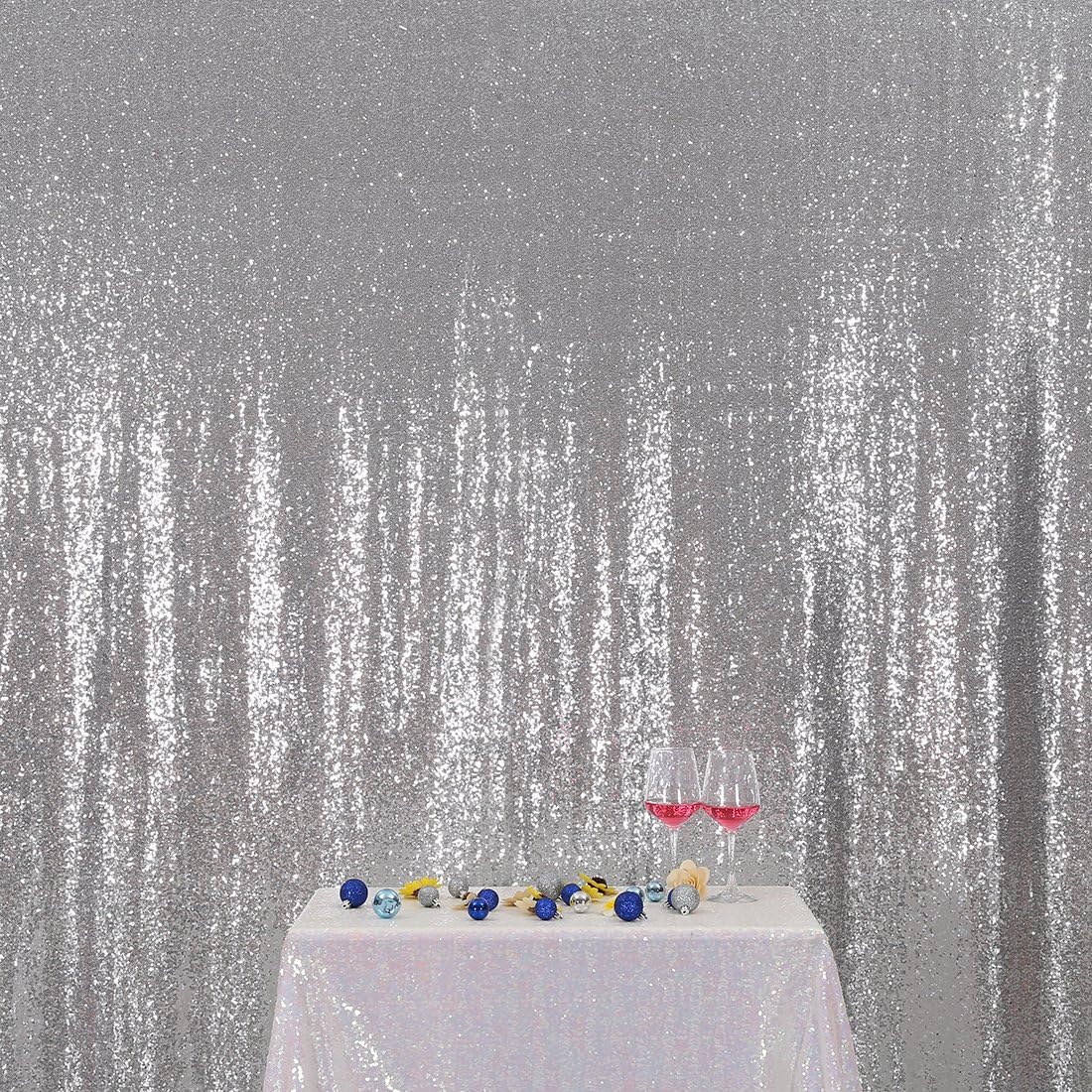 Poise3EHome Silver Sequin Backdrop,7FT x 7FT Sequin Photography Backdrop Curtain for Party Decoration, Silver