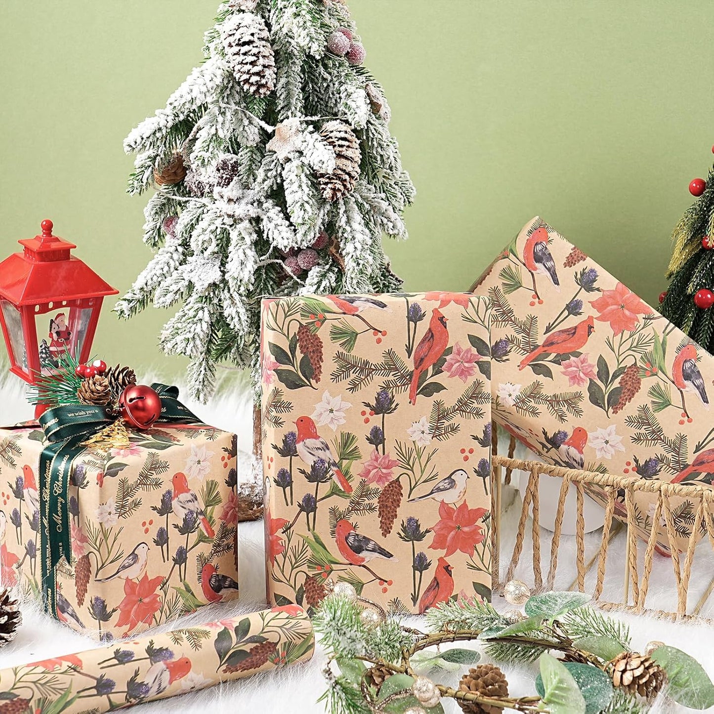 RUSPEPA Kraft Christmas Wrapping Paper Roll, Mini Roll, Watercolor Bird and Botanical Design with Flowers & Pinecones, Kraft Gift Wrap for Women, Friends, Holiday, Winter Party, 17 Inches x 16.4 Feet