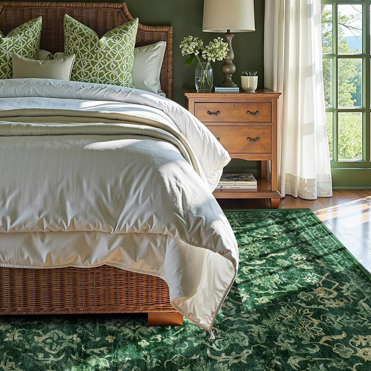 Deep Green Area Rugs 5x8 for Living Room, Washable Vintage Rugs for Bedroom, Distressed Throw Rug, Non Slip Rug Carpet for Bedroom Dining