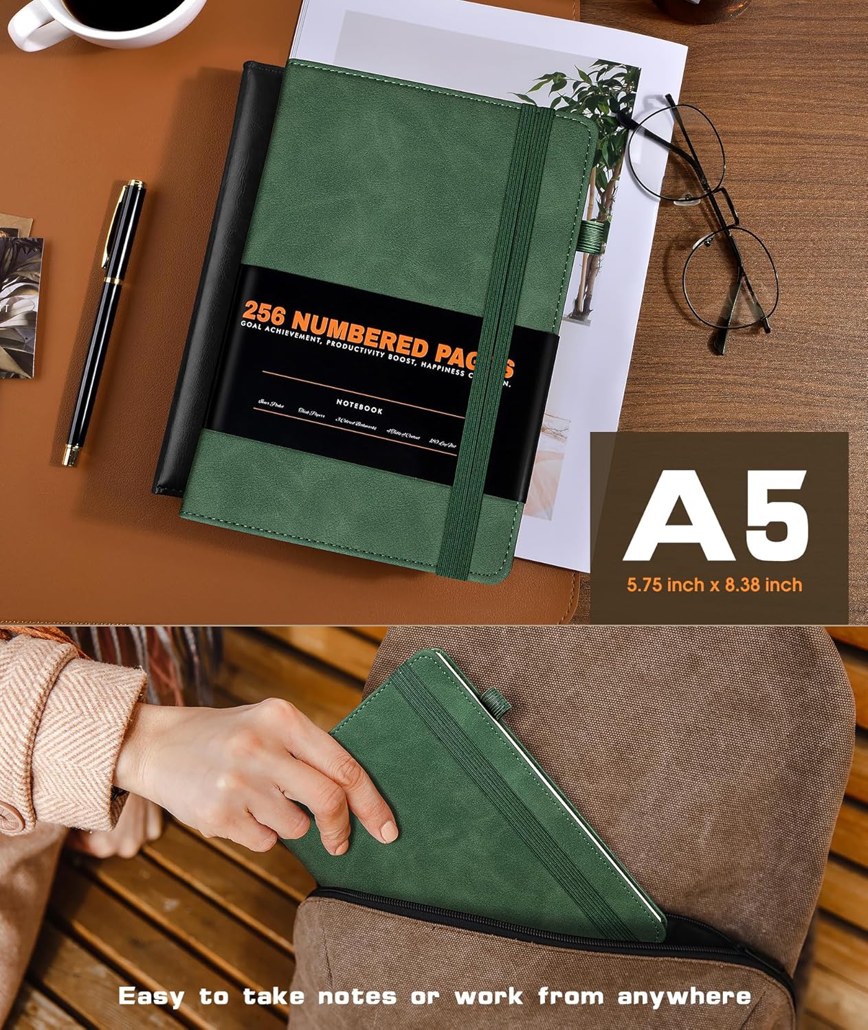 Lined Journal Notebook for Women Men, 256 Numbered Pages Hardcover Leather Journals for Writing, A5 Journaling Notebooks, College Ruled Journal for Business Work School 5.75" x 8.38" Green