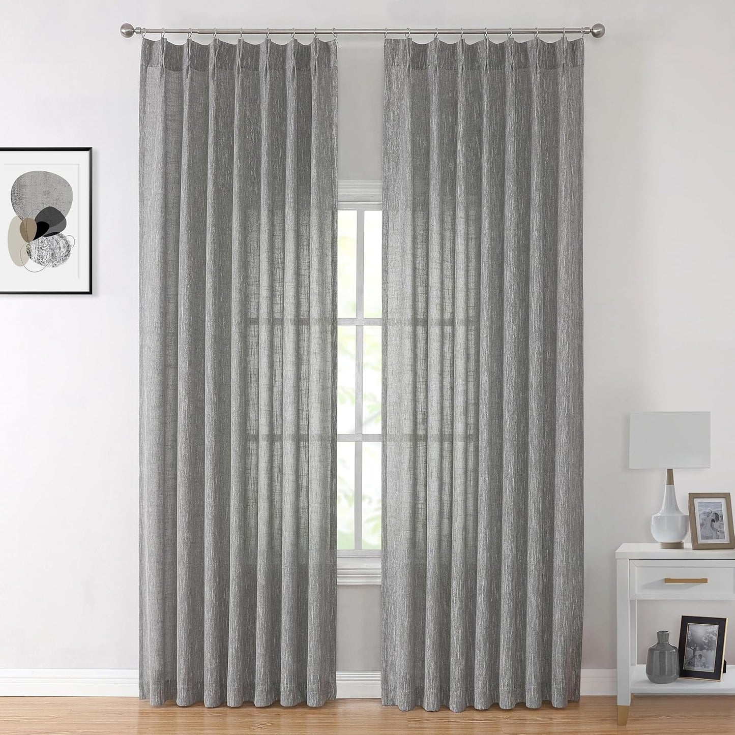 Vision Home Grey Pinch Pleated Semi Sheer Curtains Textured Light Filtering Window Curtains 102 inch for Living Room Bedroom Rayon Blend Charcoal Grey Pinch Pleat Drapes with Hooks 2 Panels 40"Wx102"L