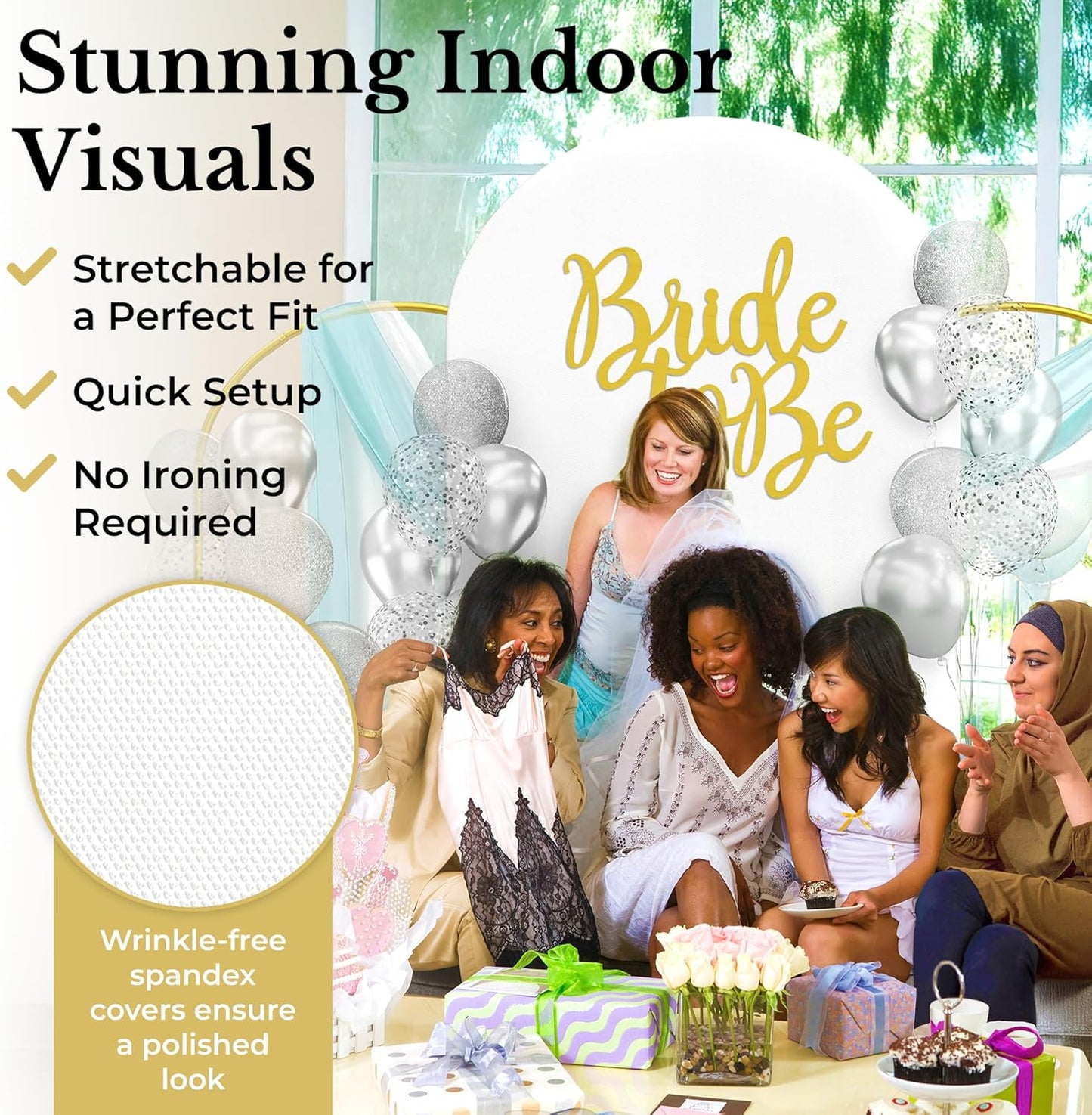 Metal Arch Backdrop Stand and Cover Set – 3 Gold Frames (7.2ft, 6ft x2) with White Wrinkle-Free Spandex Covers, Water Weights, Bags & Case – Wedding, Birthday, Baby Shower, Party Decor