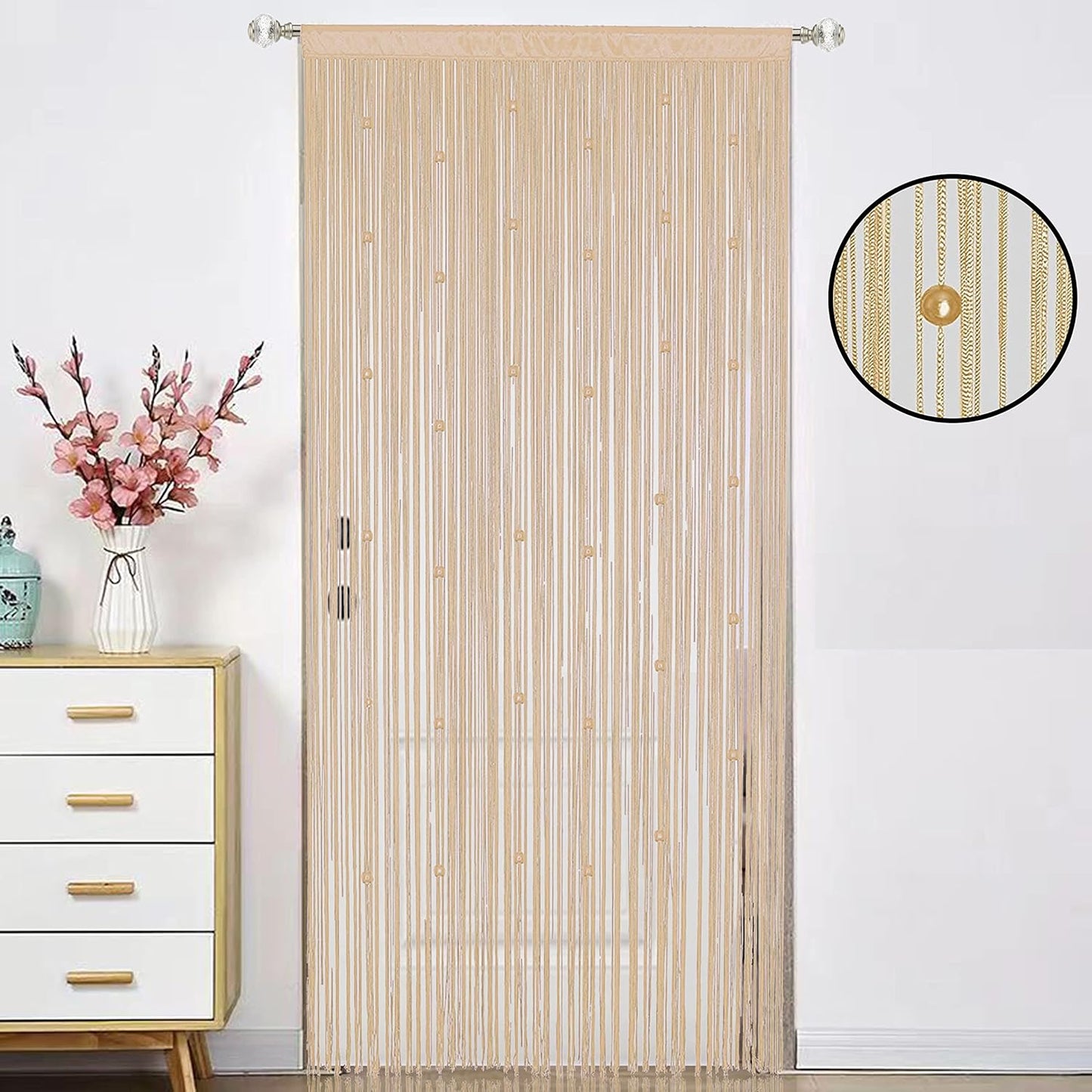 Beaded Doorway Curtain Door Beads Dense String Curtains Fringe Hippie Perfect for Wall Hanging Decor Room Divider Privacy Doors Window Closet Doorways Decorations (100x280cm,Beige)