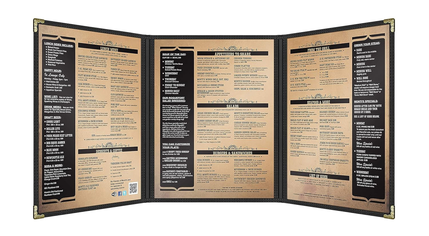 Goodsmart Restaurant Menu Covers – 25 Pack Black 6-View Trifold 8.5" x 11", Side-Loading Vinyl & Plastic Menu Holders, Clear Menu Sleeves, Leather-Style Café Covers with Gold Corners