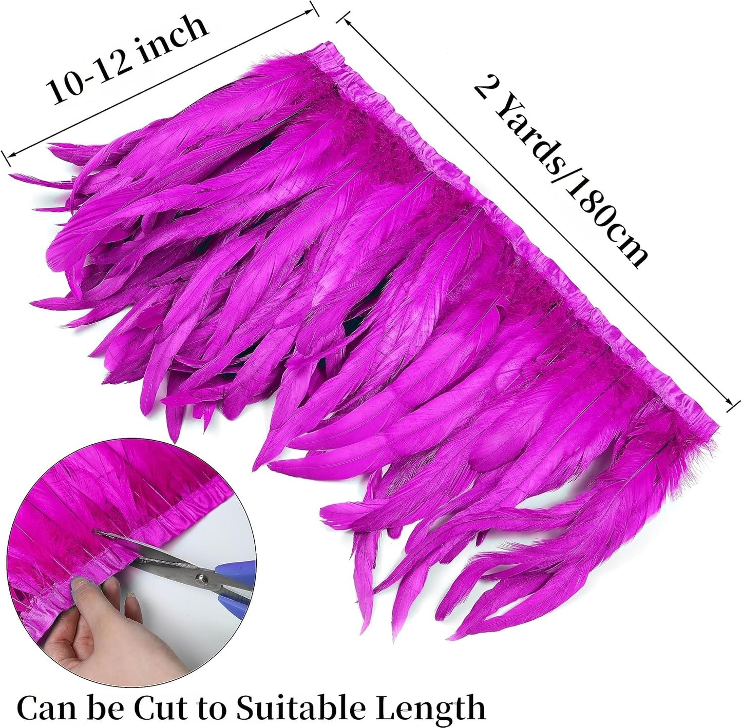 Holmgren Hot Pink Rooster Feather Trim - 10-12inch 2 Yards Natural Rooster Tail Feathers Fringe Trim for DIY Sewing Crafts, Feather Cape Shawl, Headdress, Party Cosplay Costumes Decoration (Hot Pink)