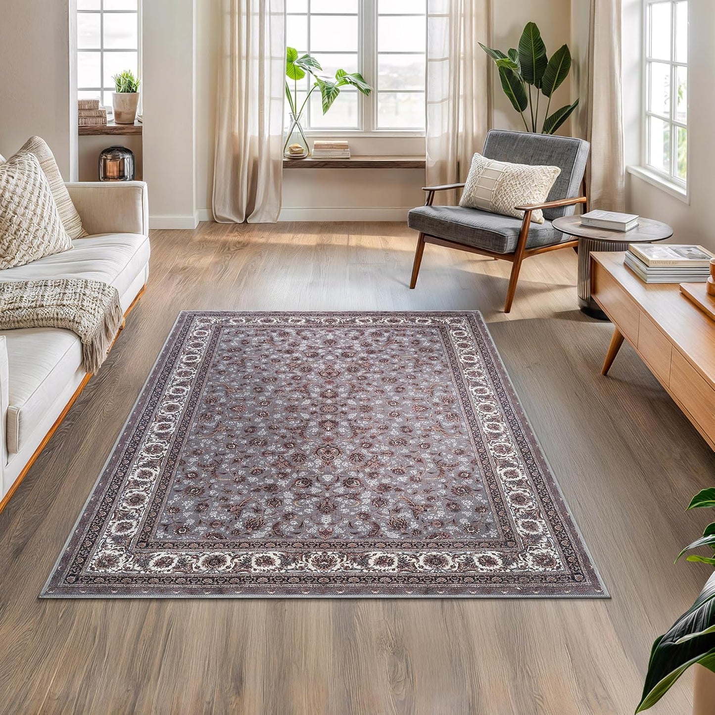 Bloom Rugs Washable Non-Slip 4' x 6' Rug - Slate Gray Traditional Oriental Area Rug for Living Room, Bedroom, Dining Room, and Kitchen - Exact Size: 4' x 6'