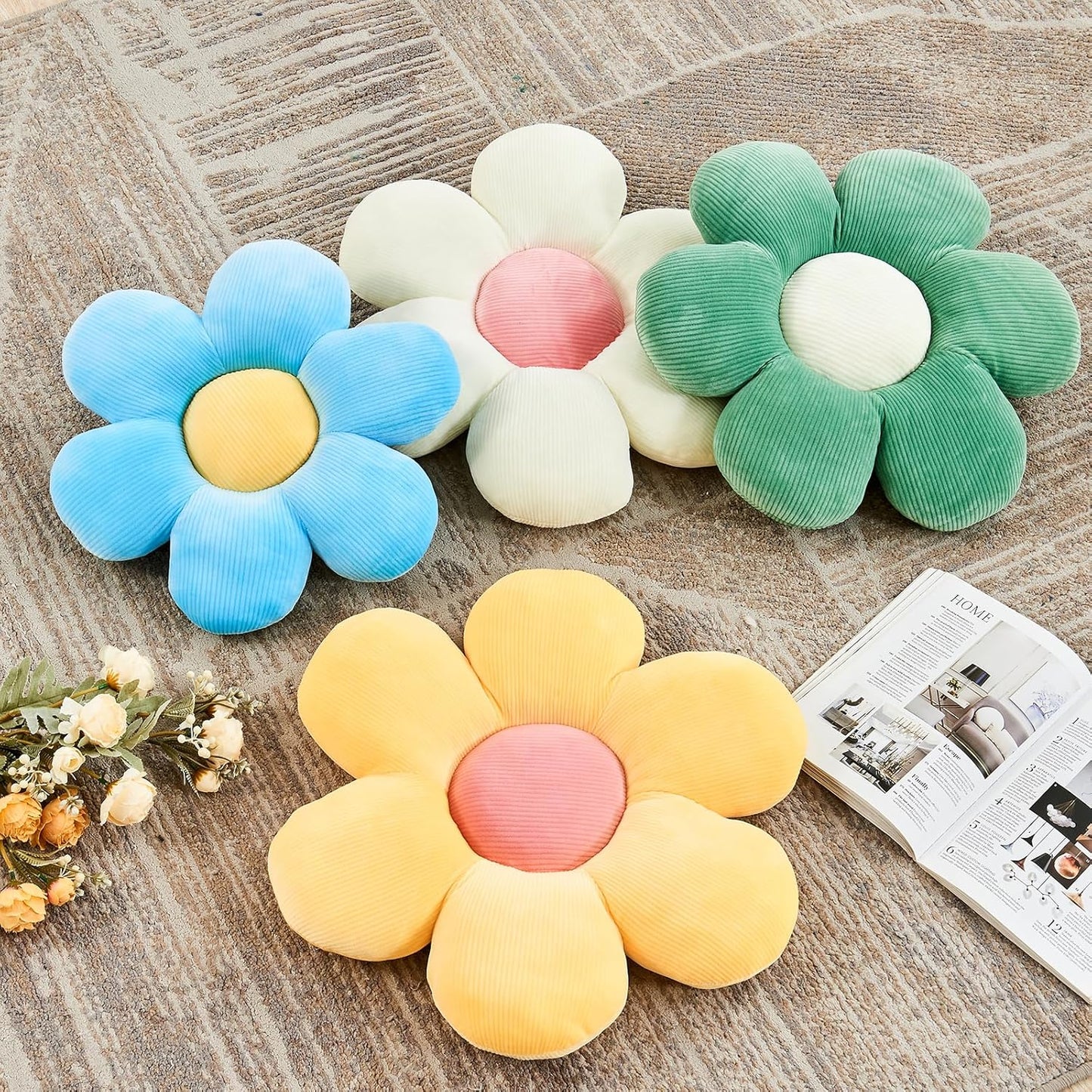 Blue Flower Pillow, 14.9" Cute Flower Shaped Floor Pillow, Aesthetic Floral Plush Daisy Decorative Throw Pillows for Bed Sofa Couch