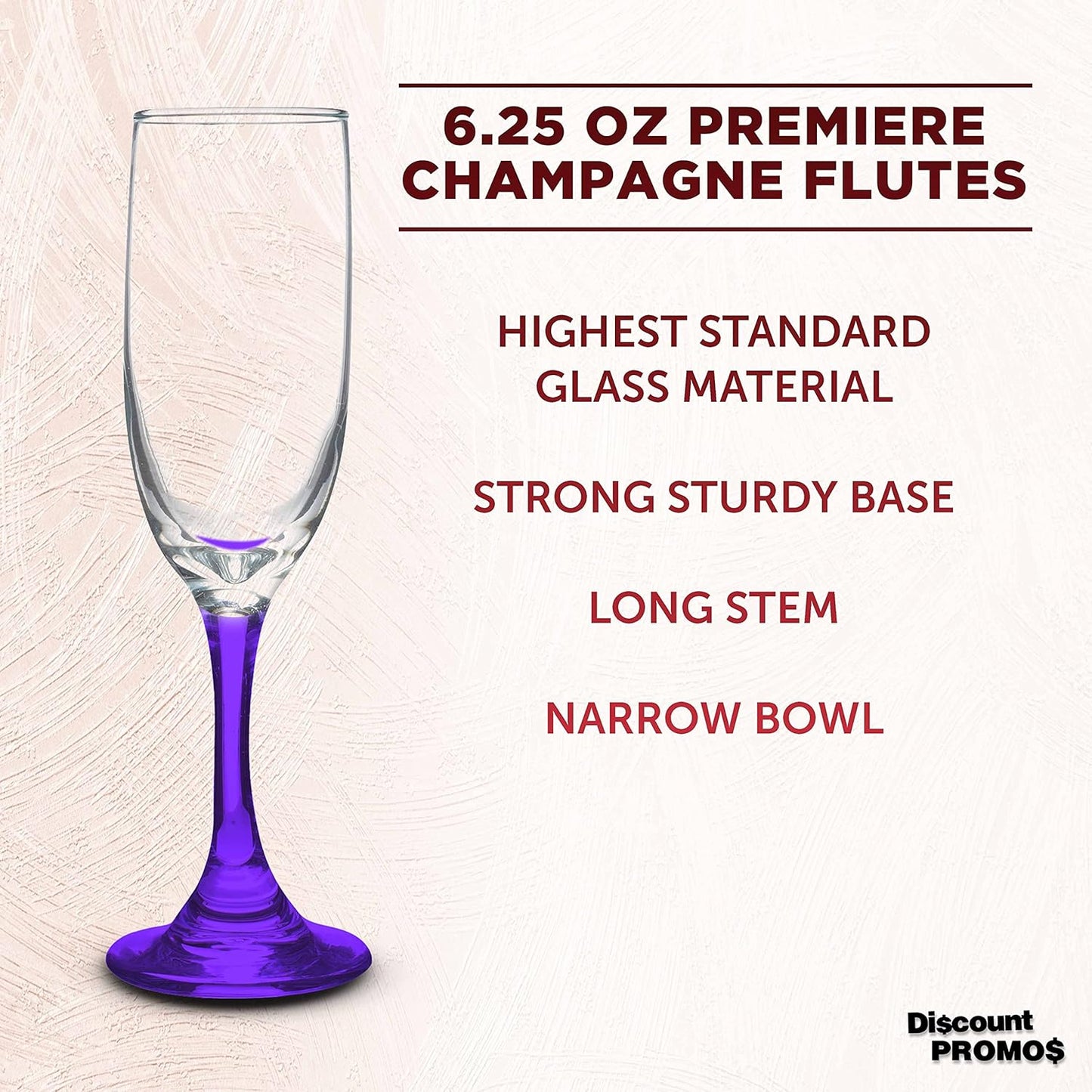 DISCOUNT PROMOS Premiere Champagne Flutes 6.25 oz. Set of 10, Bulk Pack - Elegant Drinkware for Weddings, Events, & Promotional Gifts - Purple