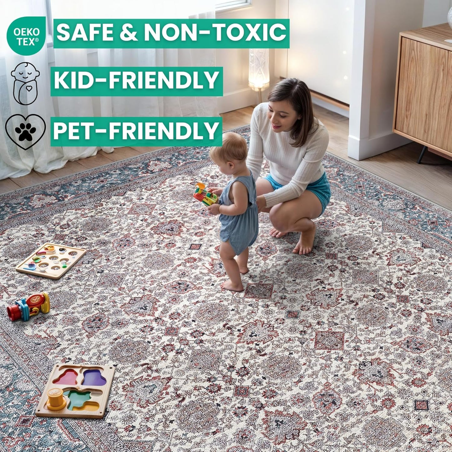 Bloom Rugs Washable Non-Slip 6' x 9' Rug - Teal/Blue/Beige Traditional Oriental Area Rug for Living Room, Bedroom, Dining Room, and Kitchen - Exact Size: 6' x 9'