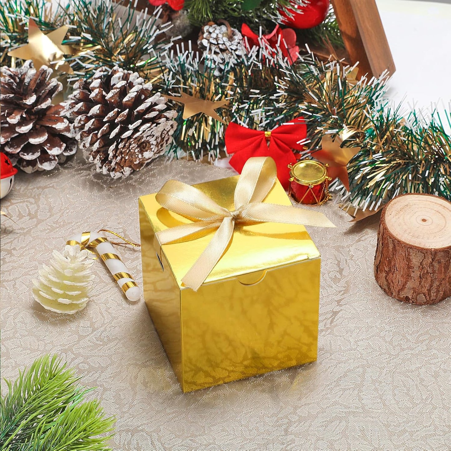 DOYIDE 60 Pcs Small Gift Boxes, 3x3x3 inches Kraft Paper Gift Box with Ribbons, Gold Candy Boxes for Christmas Wedding Favors Baby Shower Bridal Shower Birthday Party