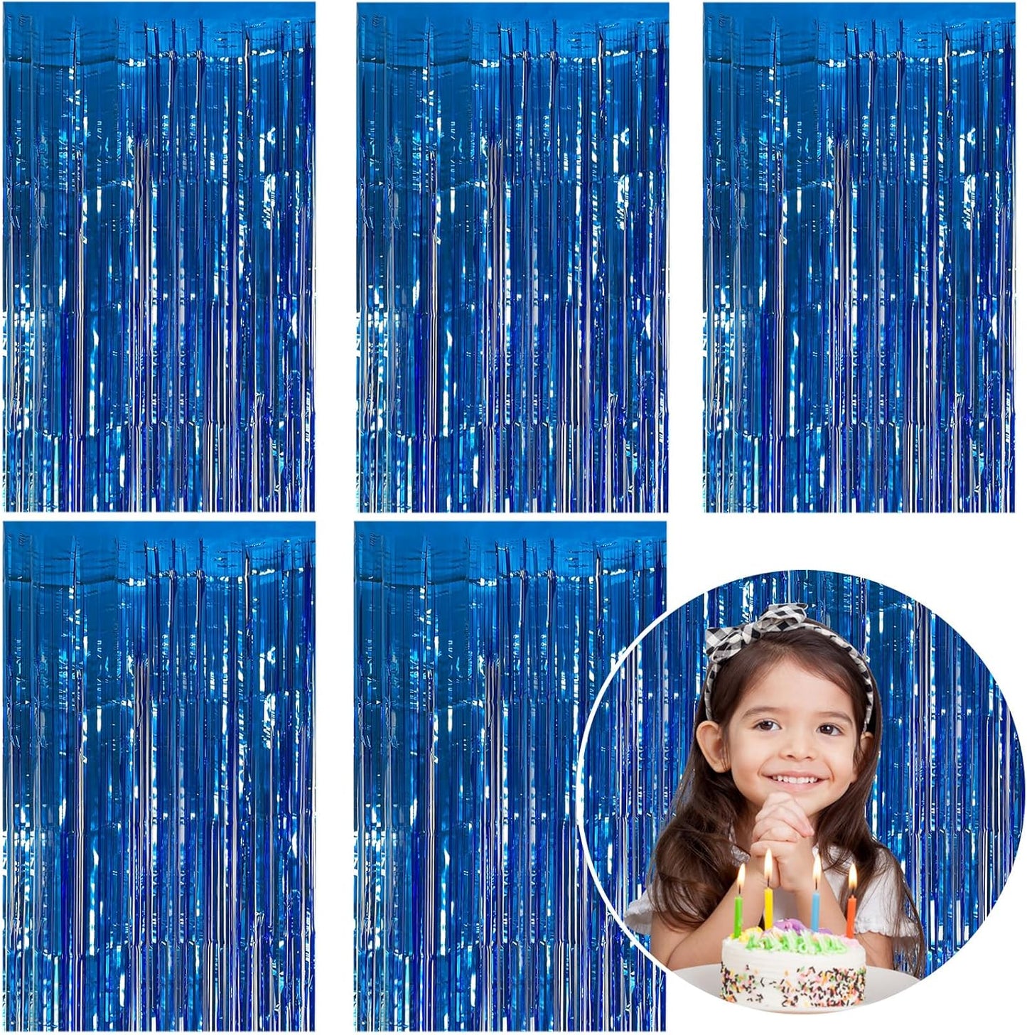 5 Pack Foil Curtain Backdrop Blue Metallic Tinsel Foil Fringe Curtains Photo Booth Props for Birthday Wedding Engagement Baby Shower Bachelorette Christmas Holiday Celebration Party Decorations