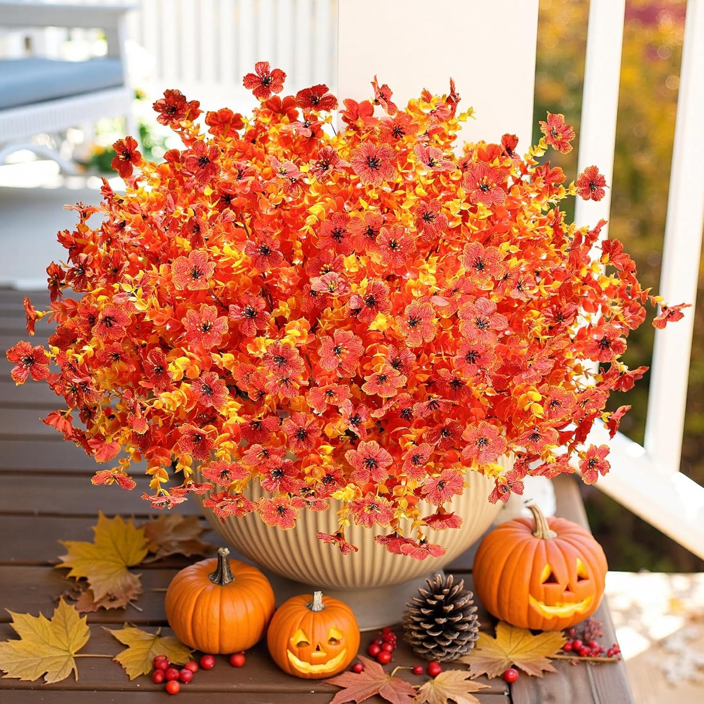 HyeFlora Artificial Fall Flowers Faux Mums for Outdoor Indoor Garden Home Decoration, Faux Flower Daisy with Eucalyptus Leaves Fake Plants Greenery Boxwood Porch Patio, 12 Bundles (Sunset)