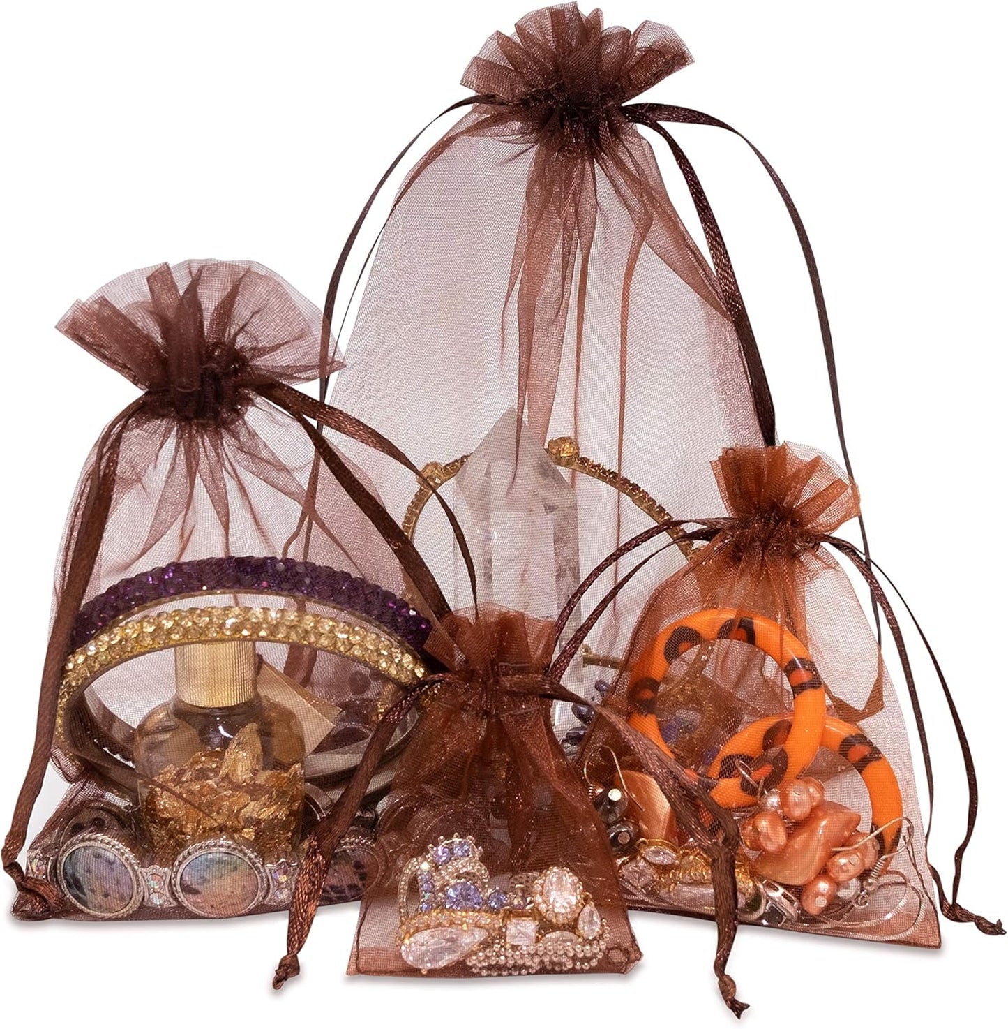 TheDisplayGuys 48-Pack 6x8 Brown Sheer Organza Gift Bags with Drawstring, Jewelry Candy Treat Wedding Party Favors Mesh Pouch