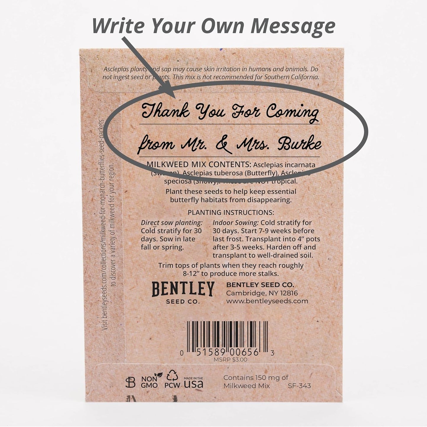 Bentley Seeds Co. Seed Packets for Planting - Party Favors for Indoors and Outdoors Gardening - Non GMO, Non-Coated - Bulk Pack of 25 Milkweed (Common, Showy & Butterfly Mix)