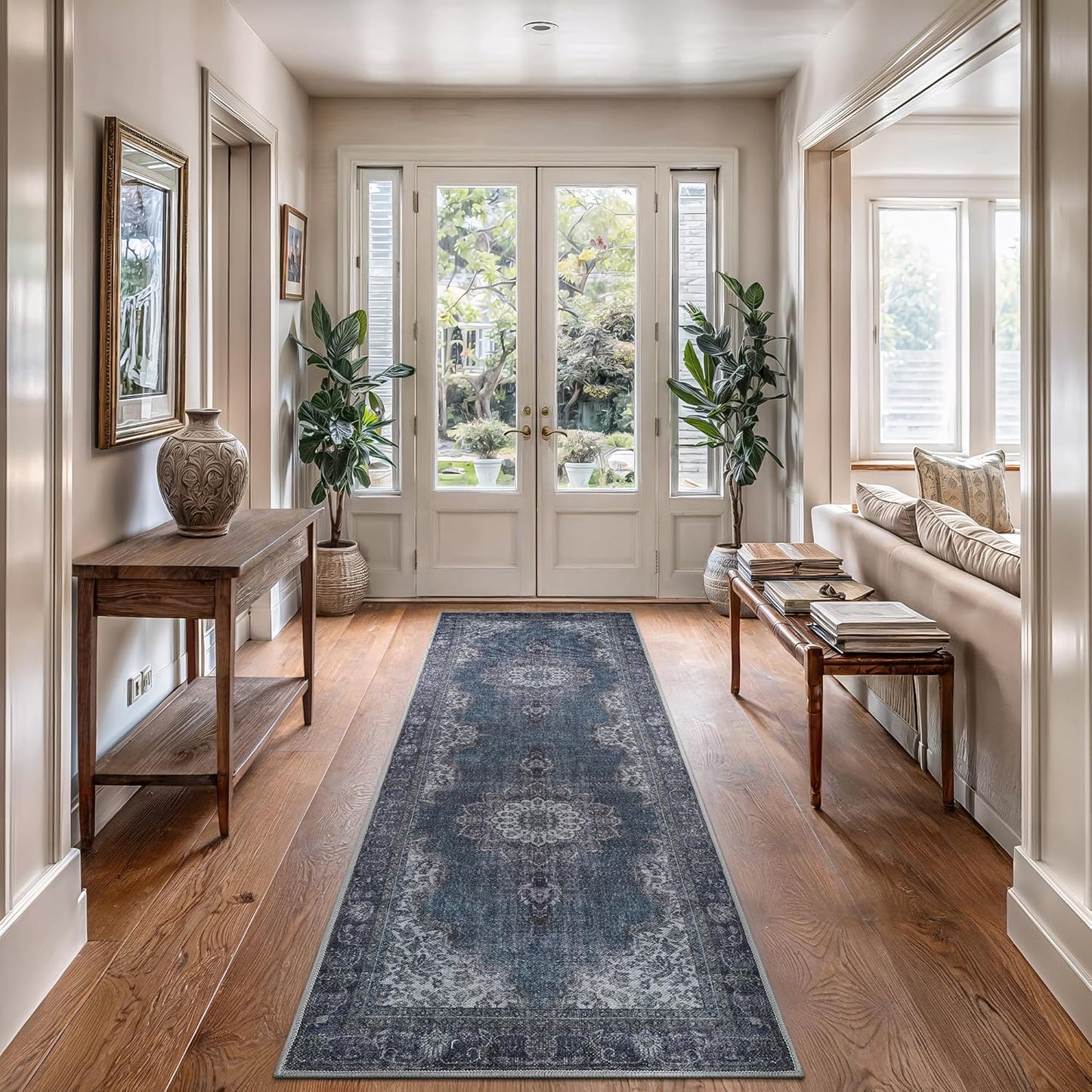 Bloom Rugs Washable Non-Slip 10 ft Runner - Dark Teal Traditional Medallion Runner for Entryway, Hallway, Bathroom, and Kitchen - Exact Size: 2.5' x 10'