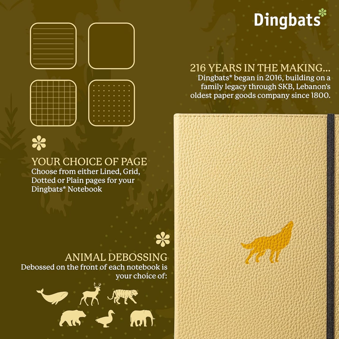 Dingbats A5 Wildlife Notebook Journal Hardcover, Cream 100gsm Ink-Proof Paper, 6.1 x 8.5 inches, 192 pages (Cream Wolf, Squared)