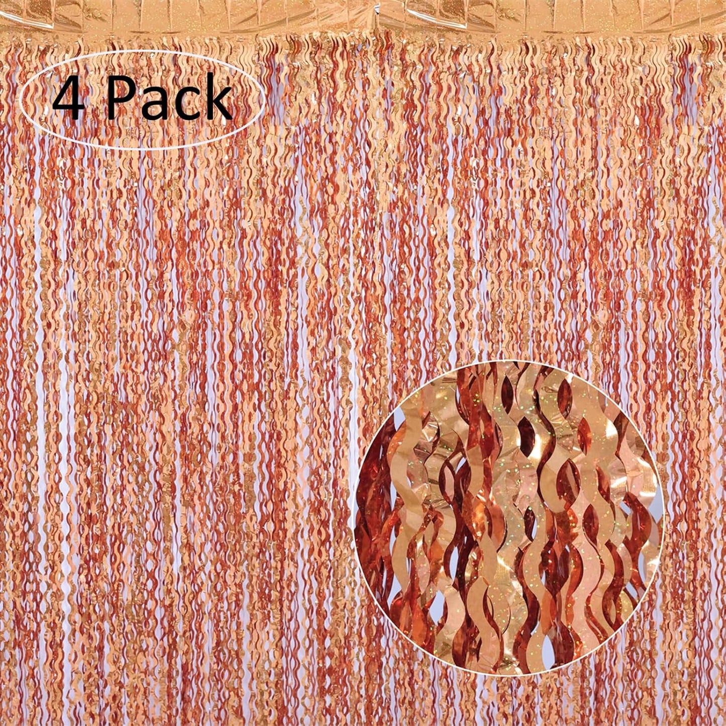 4 Pack 3.3x6.6ft Wavy Orange Foil Fringe Backdrop Curtains -Tinsel Streamers Metallic Foil Fringe Backdrop Door for Halloween, Graduation,Baby Shower,Gender Reveal