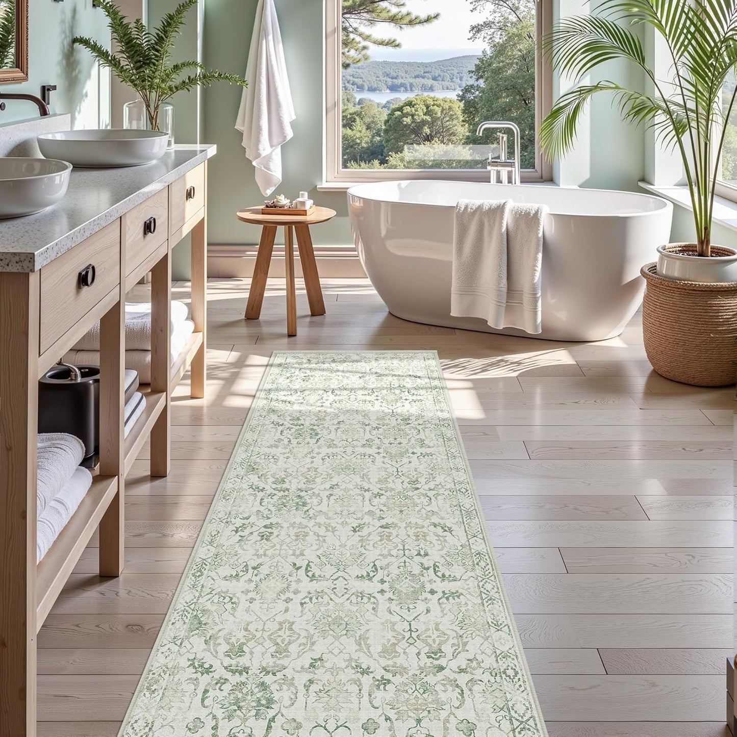 Green 3x7 Runner Rug for Hallways Bed Side Kitchen, Boho Washable Distressed Low-Pile Floor Entryway Long Bathroom Mat, Non-Slip Laundry Room Washstand Front Carpet Green 36x84 Inch