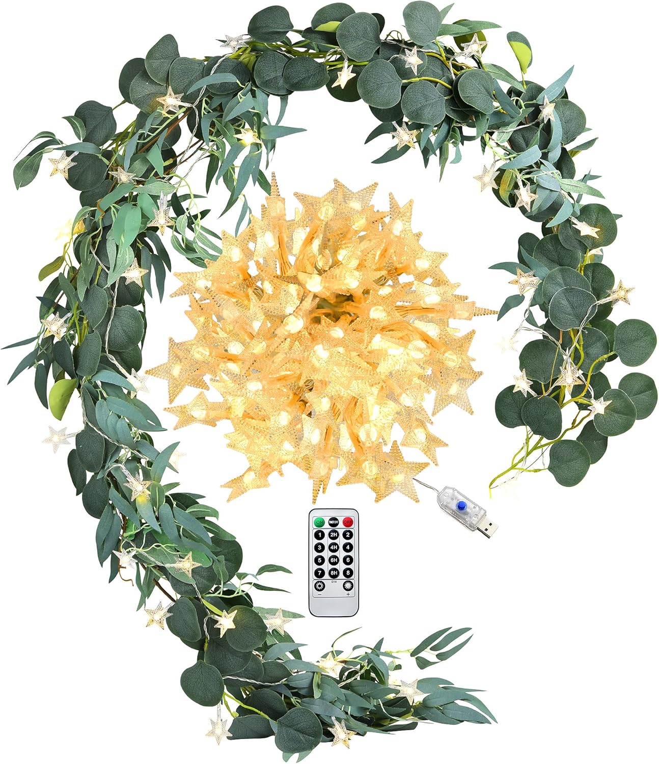 FiveSeasonStuff Woodland Whispers: Rustic Willow and Eucalyptus Garlands with 33 Feet 80 LED Star String Lights (Battery-Powered)