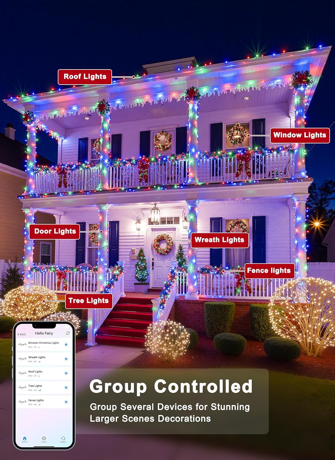 Minetom LED Color Changing Smart RGB Christmas Tree Lights, 66ft 200LED String Lights, 16 Milion Adjustable Colors Fairy Lights with Remote & Timer & Memory Function for Xmas Tree Holiday Party