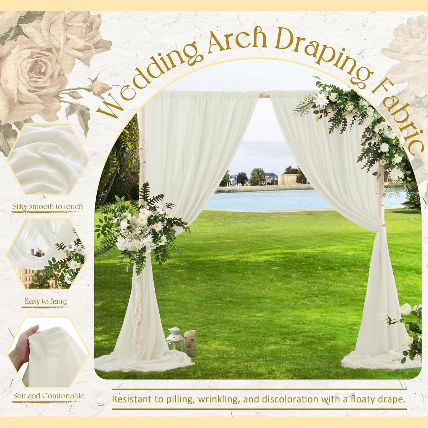 VACVELT Wedding Arch Draping Fabric, Ivory Chiffon, 2 Panels Sheer Drapes, 30 Inch x 20ft Chiffon Backdrop Curtain, Outdoor Sheer Drapery for Ceremony Party Ceiling