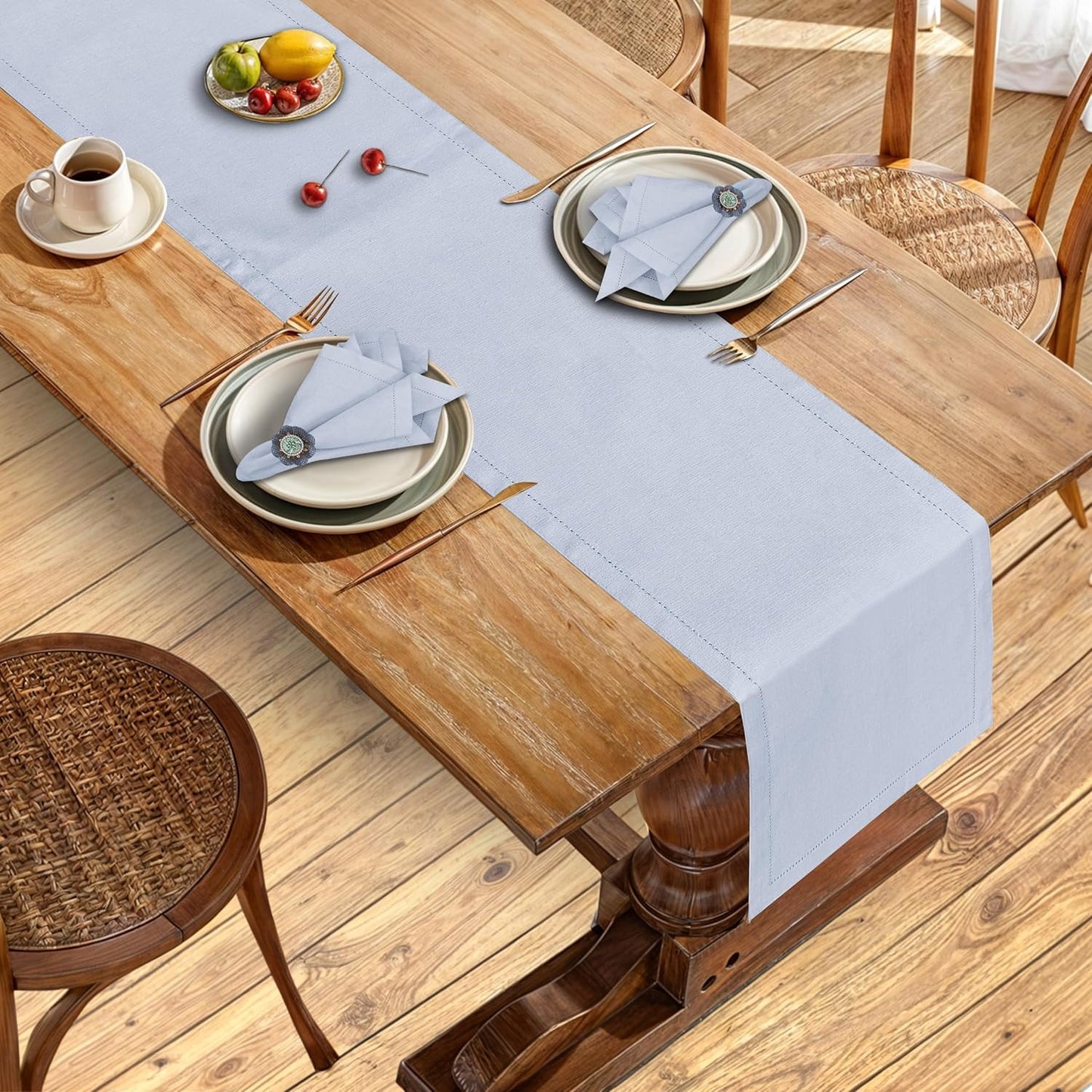 Ruvanti Linen Table Runner 90 Inches, Classic Hemstitch, Washable, Reusable, Non-Slipping, Stain Resistant- Perfect for Parties, Weddings, Dinners, Thanksgiving, Christmas, Indoor use – Arctic Ice