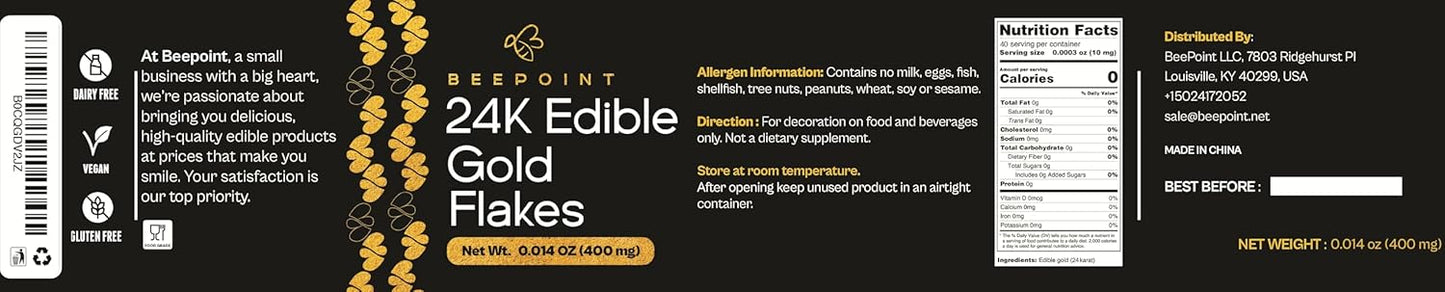 BeePoint 24K Edible Gold Foil Flakes - 400mg Gold Flakes for Cake Decorating, Baking, Cooking, Cupcakes, Chocolates, Drinks - Edible Gold Sheets