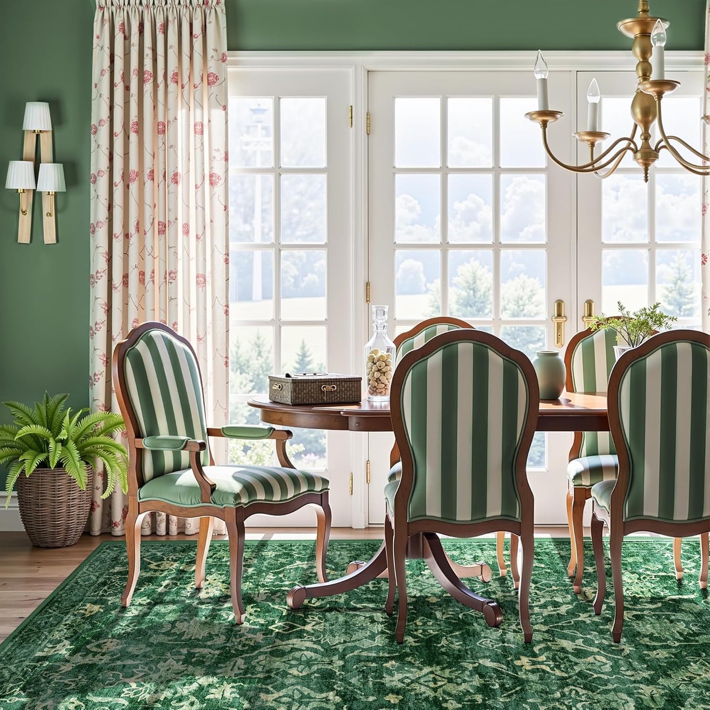 Dark Green Vintage Area Rug 5x7 for Living Room, Washable Distressed Farmhouse Soft Thin Non-Shedding Indoor Throw Rug, Traditional Accent Carpet for Bedroom Office