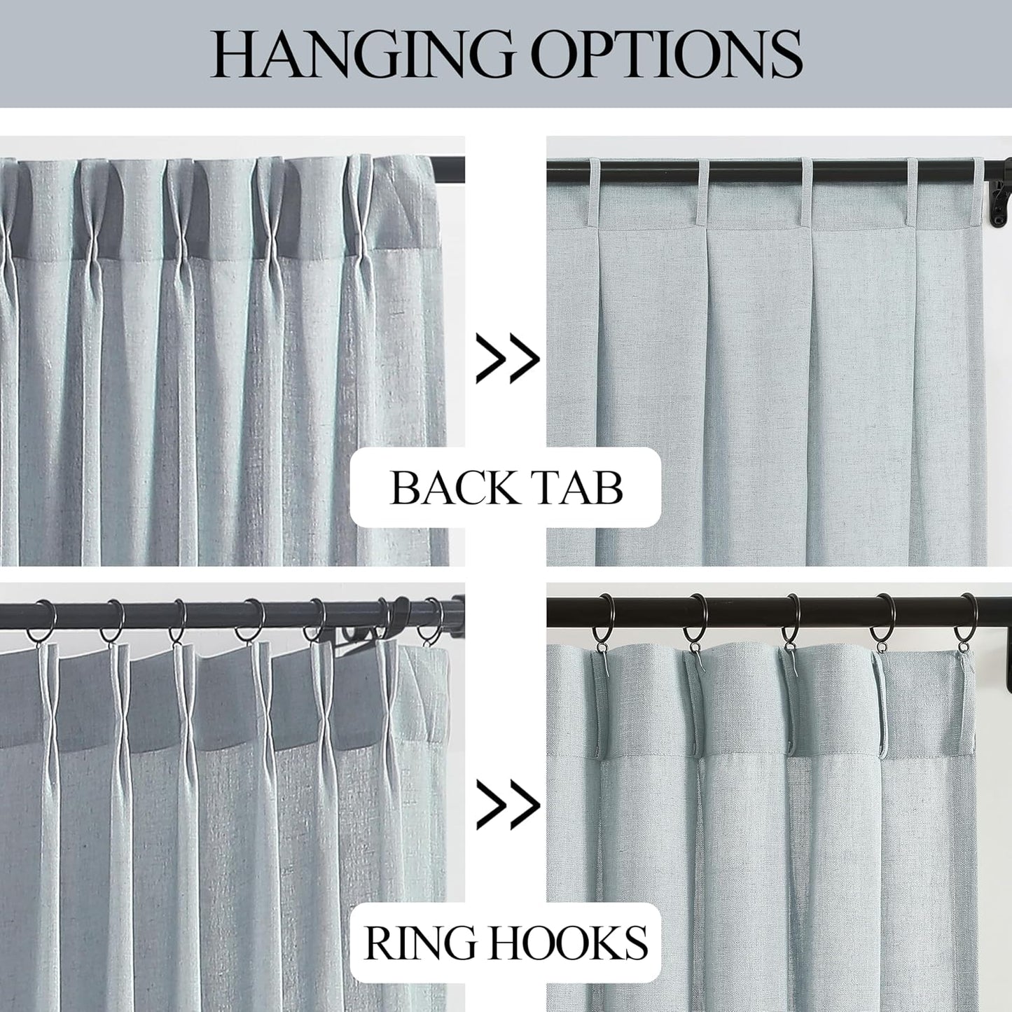 Vision Home Blue Grey Pinch Pleated Semi Sheer Curtains Textured Linen Blended Light Filtering Window Curtains 108 inch for Living Room Bedroom Pinch Pleat Drapes with Hooks 2 Panels 9ft 40" Wx108 L