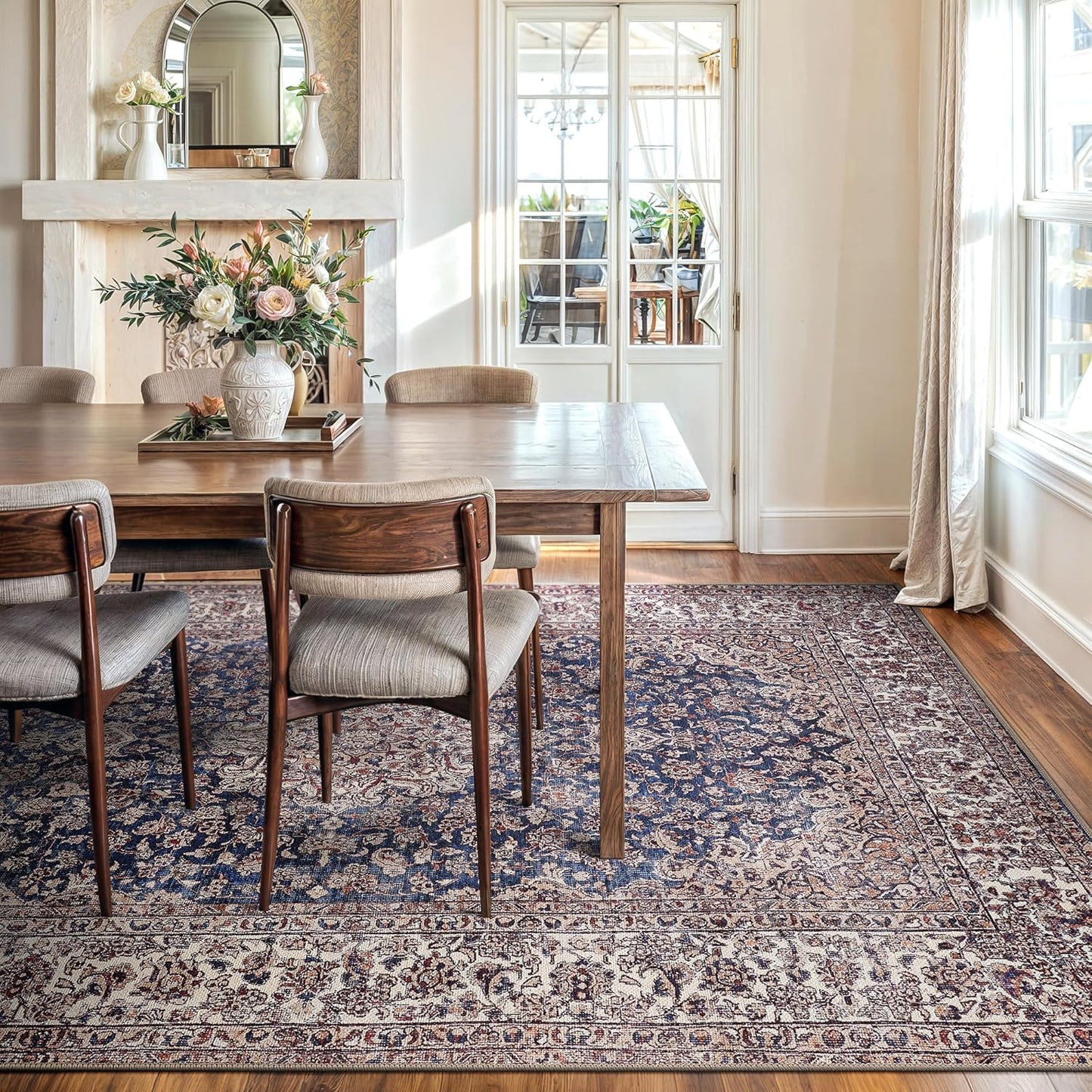 Bloom Rugs Washable Non-Slip 9' x 12' Rug - Dark Blue/Beige Traditional Medallion Area Rug for Living Room, Bedroom, Dining Room, and Kitchen - Exact Size: 9' x 12'