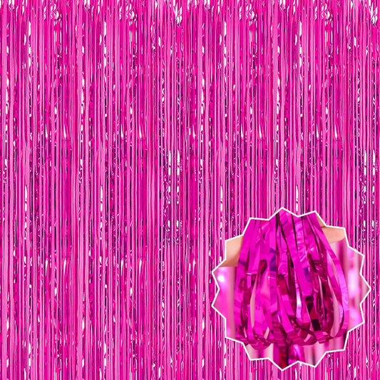 3 Pack Fuchsia Foil Fringe Curtains Backdrop, 3.28 x 9.8 Ft Metallic Streamers Tinsel Curtains Background for Photo Booth, Birthday, Halloween, Christmas, Thanksgiving, New Year Party Decorations
