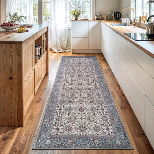 Bloom Rugs Washable Non-Slip 12 ft Runner - Teal/Blue/Beige Traditional Oriental Runner for Entryway, Hallway, Bathroom, and Kitchen - Exact Size: 2.5' x 12'