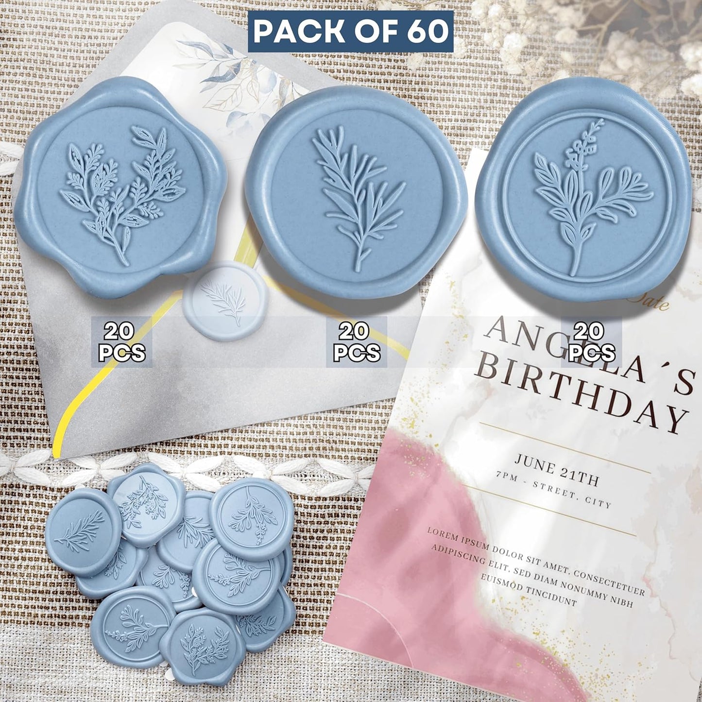 Wax Seal Stickers (60 Pcs, 3 Designs in 1 Pack) Premium Envelope Seal Stickers for Wedding Invitation Envelopes, Adhesive Wax Seals, Perfect for Seating Chart, Gift Wrapping