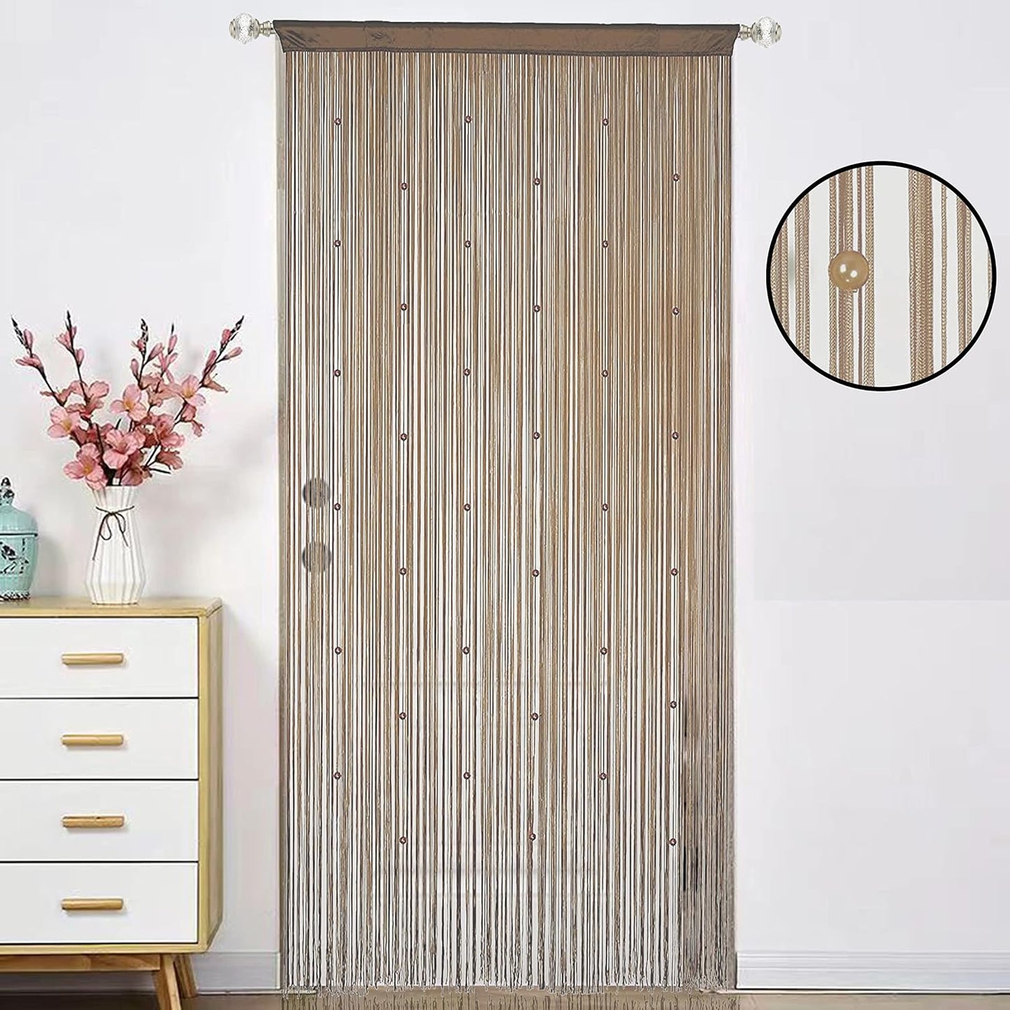 Beaded Curtain Beads Door String Curtains Ideal for Living Room Decor Wall Hanging Fringe Doorway Divider Bedroom Backdrop Hippie Window Closet Privacy Rod Pocket Dense (100x200cm,Ecru)