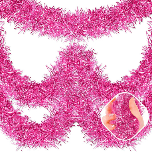 50 Feet Pink Christmas Tinsel Garland, Metallic Foil Twist Garland Wall Hanging Tinsel Banner Backdrop for Parade Floats, Easter, Mother's Day, Wedding Party Decorations (2in x 50ft)